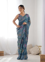 Monjolika Fashion Chinon Digital Print Classic Saree in Teal Blue | Grocsy