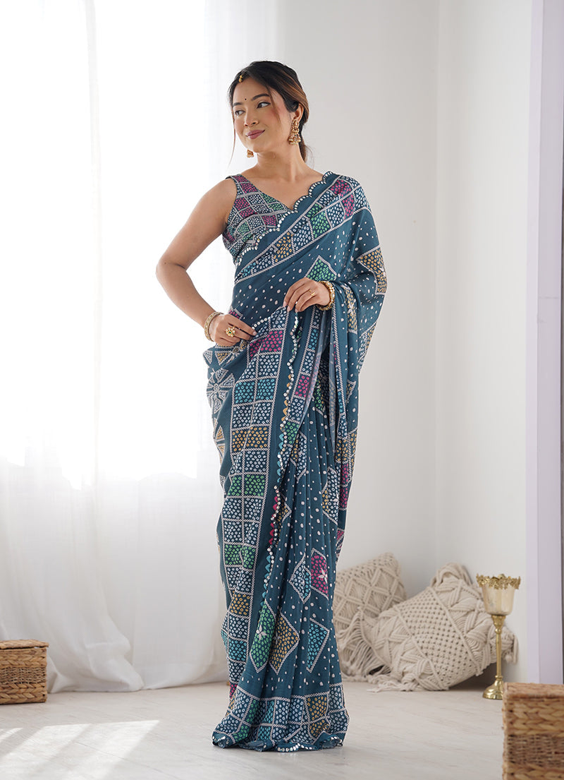 Monjolika Fashion Chinon Digital Print Classic Saree in Teal Blue | Grocsy