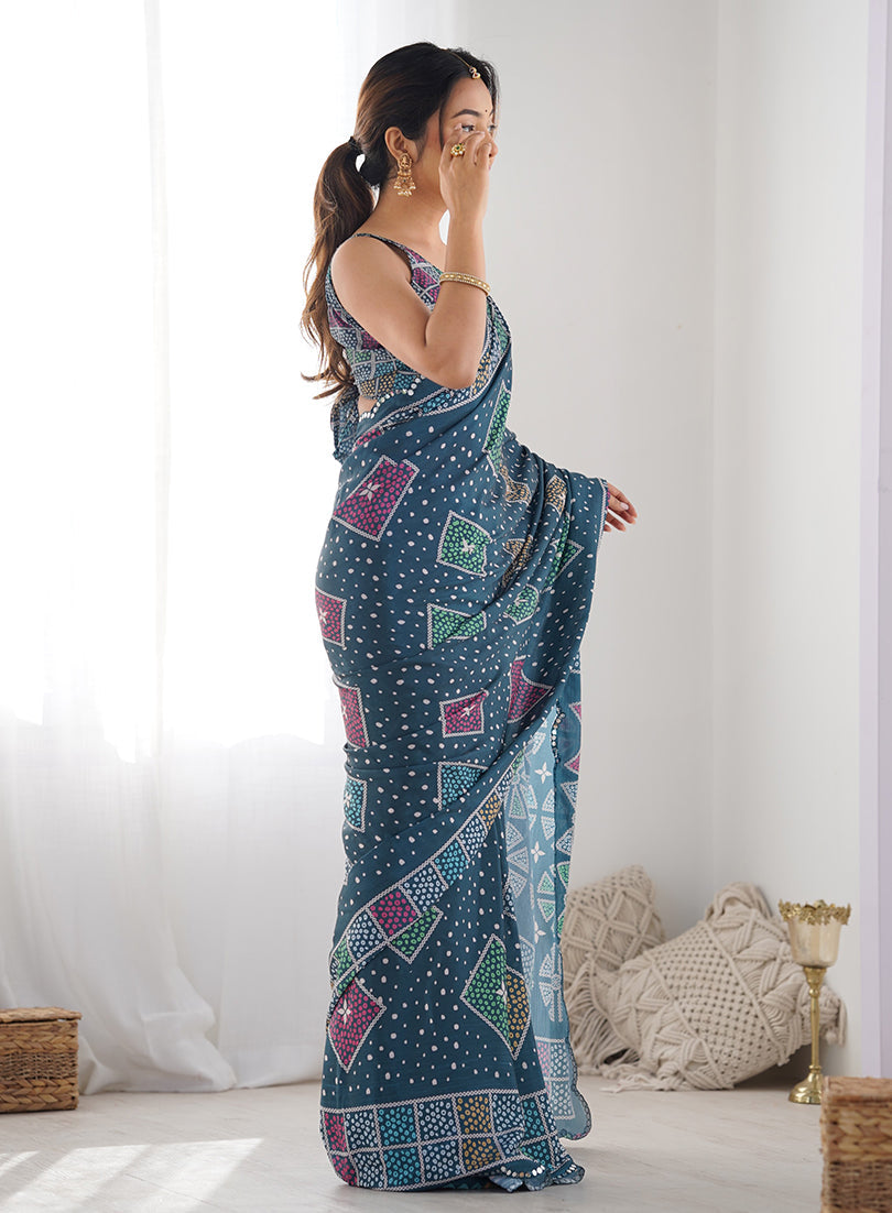 Monjolika Fashion Chinon Digital Print Classic Saree in Teal Blue | Grocsy