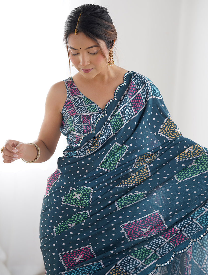 Monjolika Fashion Chinon Digital Print Classic Saree in Teal Blue | Grocsy