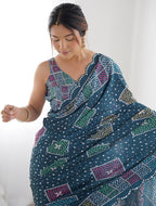 Monjolika Fashion Chinon Digital Print Classic Saree in Teal Blue | Grocsy