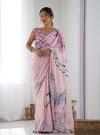 Monjolika Fashion Chinon Digital Print Classic Saree in Baby Pink | Grocsy