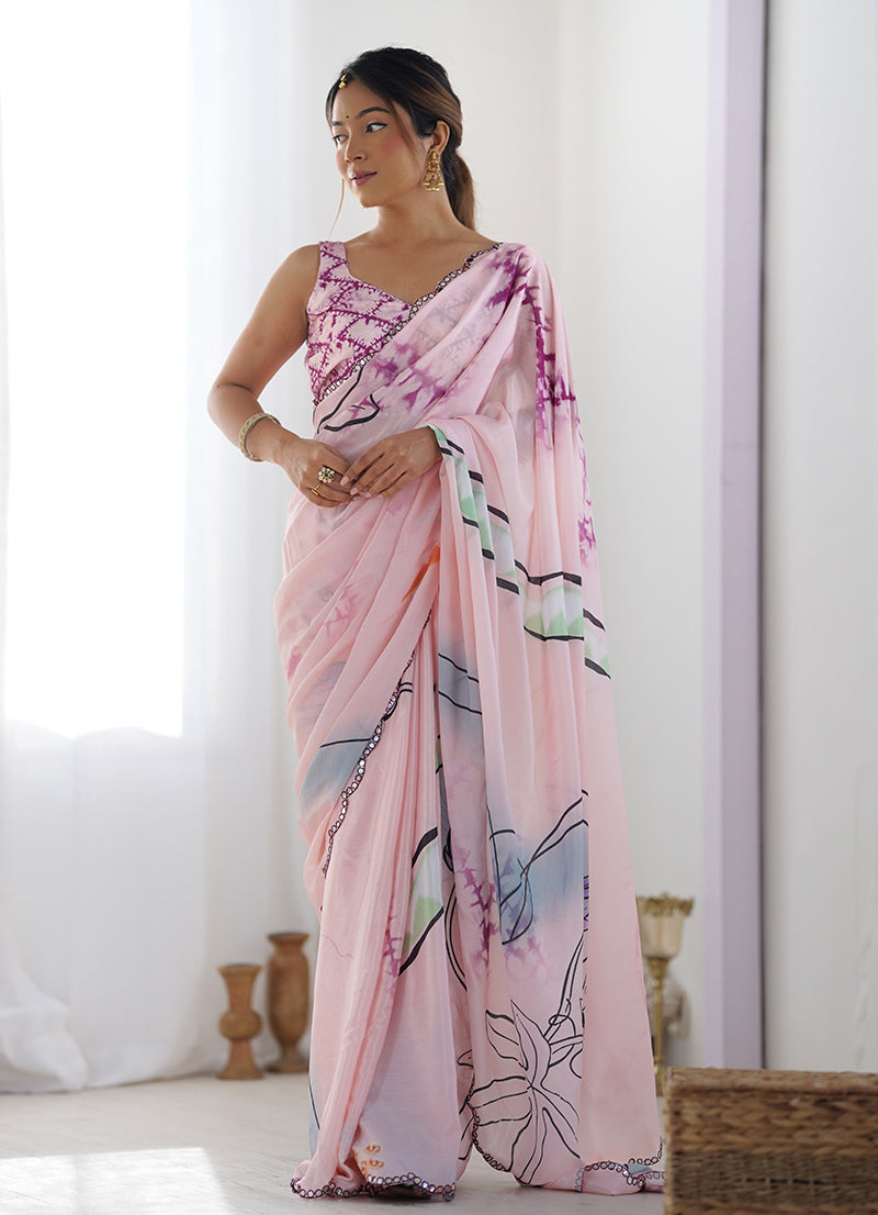 Monjolika Fashion Chinon Digital Print Classic Saree in Baby Pink | Grocsy