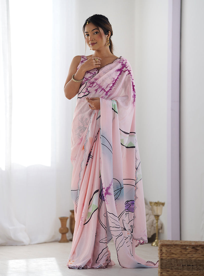 Monjolika Fashion Chinon Digital Print Classic Saree in Baby Pink | Grocsy