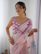 Monjolika Fashion Chinon Digital Print Classic Saree in Baby Pink | Grocsy