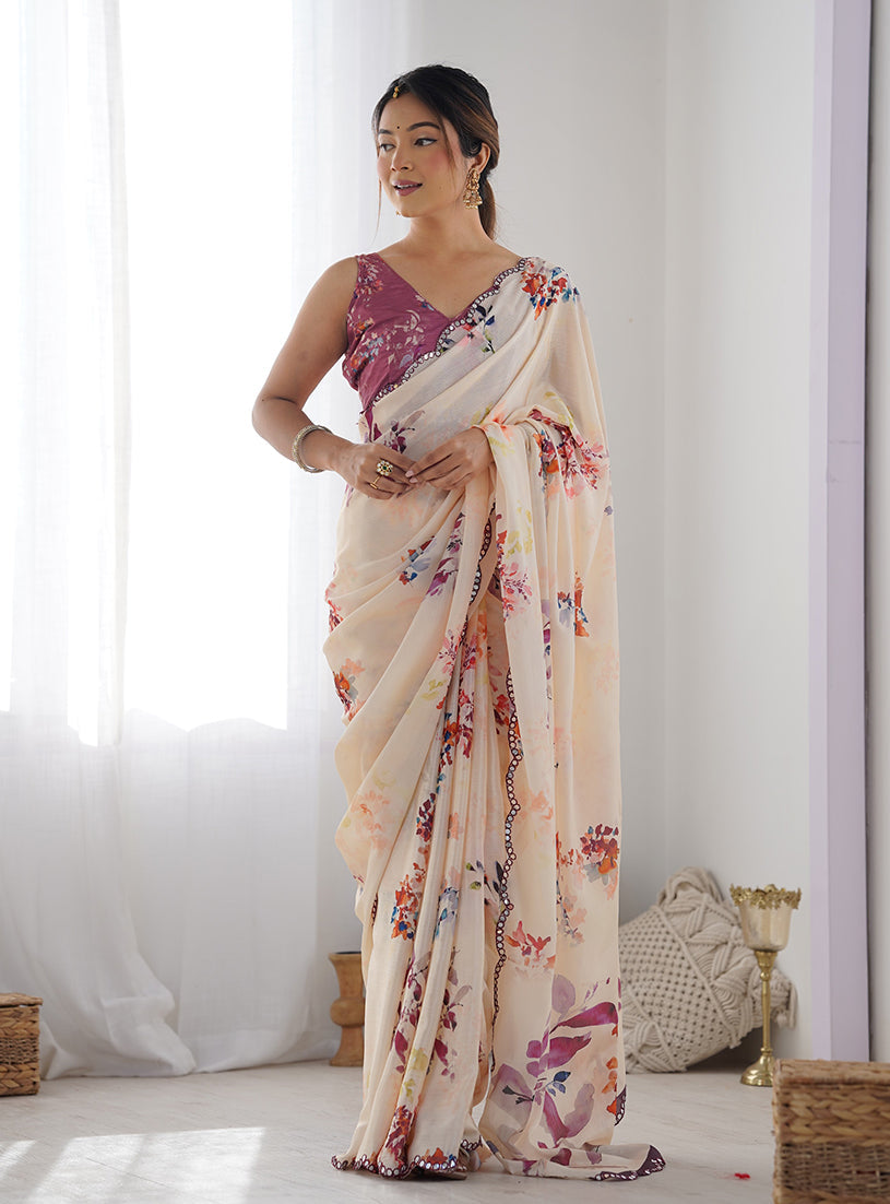Monjolika Fashion Chinon Digital Print Classic Saree in Cream | Grocsy