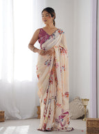 Monjolika Fashion Chinon Digital Print Classic Saree in Cream | Grocsy