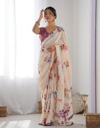 Monjolika Fashion Chinon Digital Print Classic Saree in Cream | Grocsy