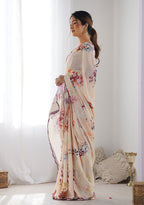 Monjolika Fashion Chinon Digital Print Classic Saree in Cream | Grocsy