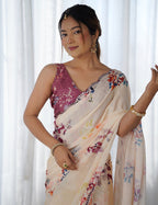 Monjolika Fashion Chinon Digital Print Classic Saree in Cream | Grocsy