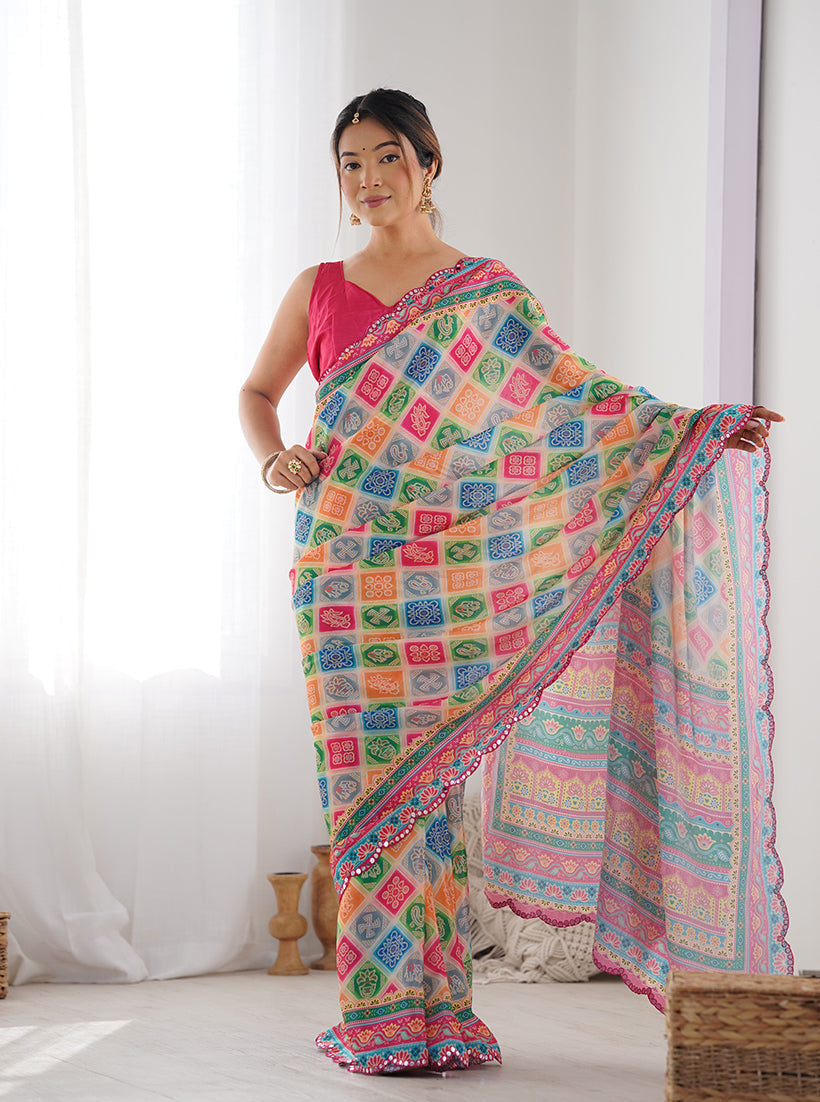 Monjolika Fashion Chinon Digital Print Classic Saree in Multi | Grocsy