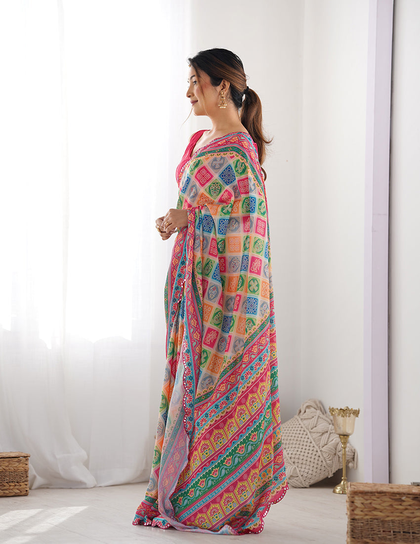 Monjolika Fashion Chinon Digital Print Classic Saree in Multi | Grocsy