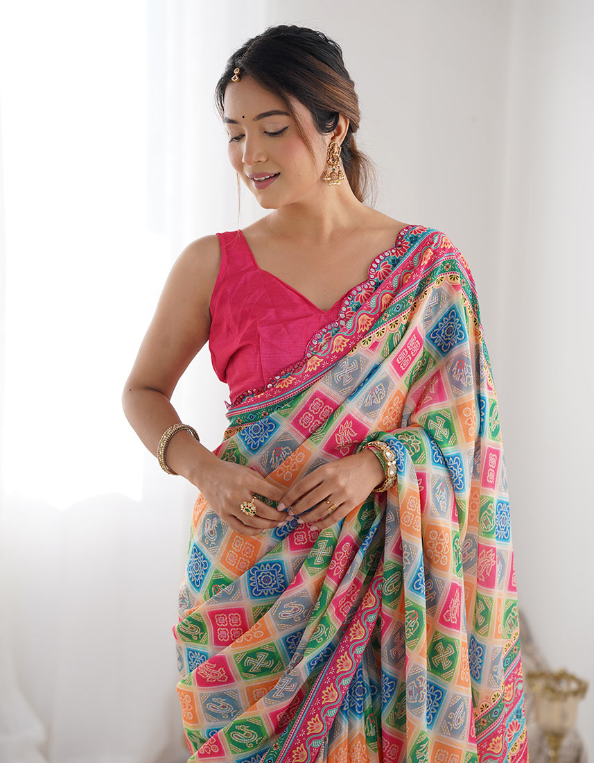 Monjolika Fashion Chinon Digital Print Classic Saree in Multi | Grocsy