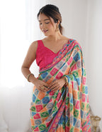 Monjolika Fashion Chinon Digital Print Classic Saree in Multi | Grocsy