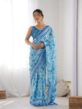 Monjolika Fashion Chinon Digital Print Classic Saree in Light Blue | Grocsy