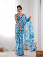 Monjolika Fashion Chinon Digital Print Classic Saree in Light Blue | Grocsy