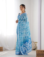 Monjolika Fashion Chinon Digital Print Classic Saree in Light Blue | Grocsy