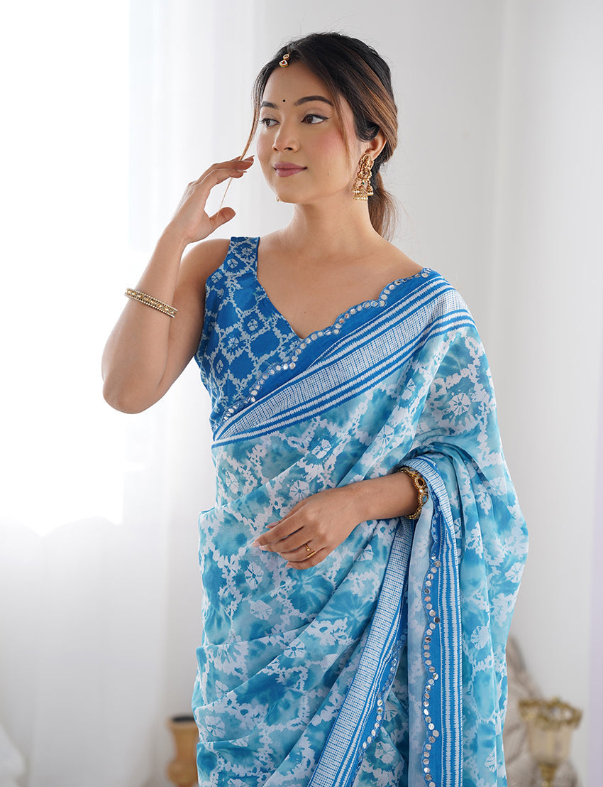 Monjolika Fashion Chinon Digital Print Classic Saree in Light Blue | Grocsy