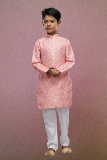 Raivat Ethnic Cotton Digital Print Kids Kurta Pajama In Peach Colour | Grocsy