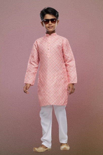 Raivat Ethnic Cotton Digital Print Kids Kurta Pajama In Peach Colour | Grocsy