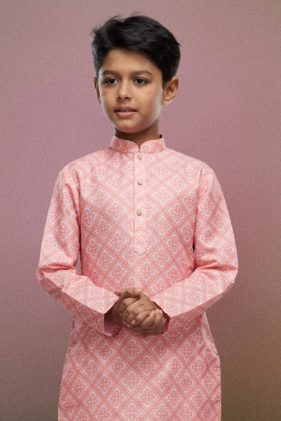 Raivat Ethnic Cotton Digital Print Kids Kurta Pajama In Peach Colour | Grocsy