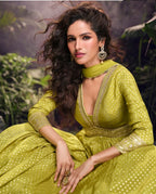 Anaita Lime Viscose Simar Jacquard Stitched Handmade Khatli Work Anarkali Gown | Grocsy