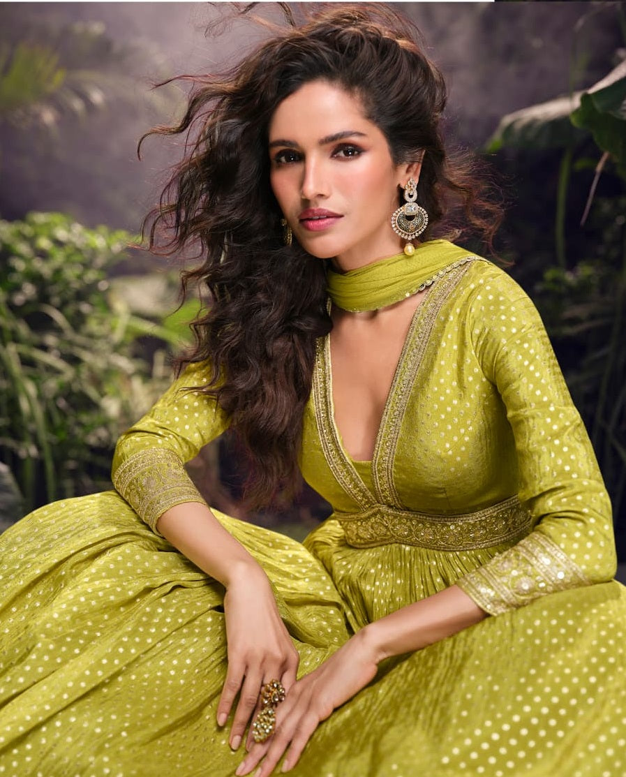 Anaita Lime Viscose Simar Jacquard Stitched Handmade Khatli Work Anarkali Gown | Grocsy