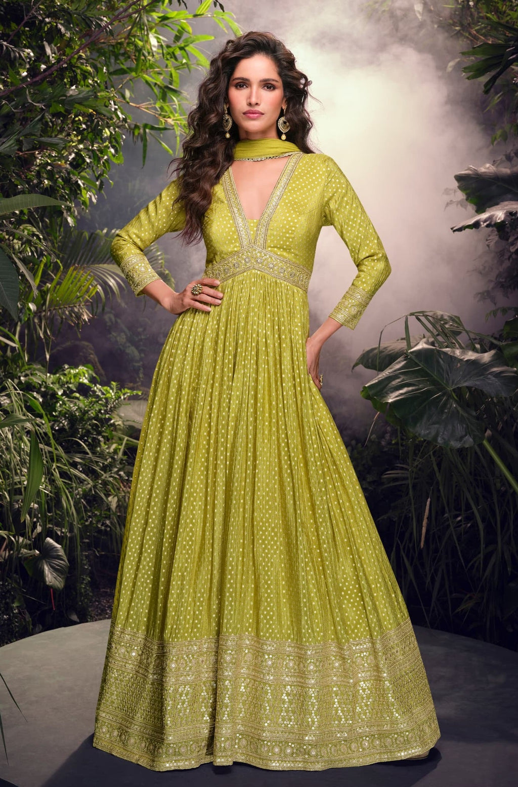 Anaita Lime Viscose Simar Jacquard Stitched Handmade Khatli Work Anarkali Gown | Grocsy