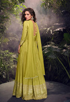 Anaita Lime Viscose Simar Jacquard Stitched Handmade Khatli Work Anarkali Gown | Grocsy