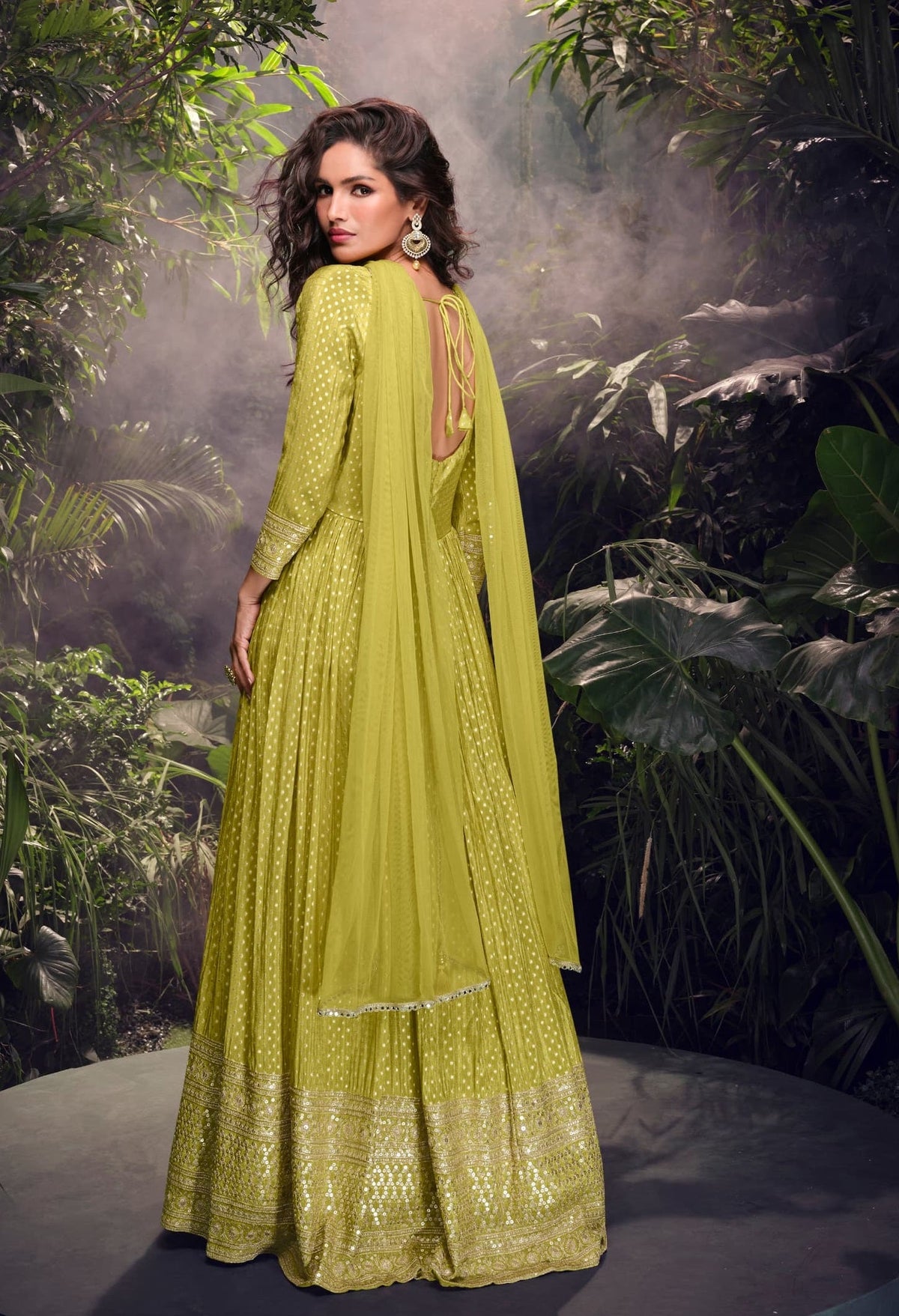 Anaita Lime Viscose Simar Jacquard Stitched Handmade Khatli Work Anarkali Gown | Grocsy