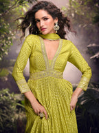Anaita Lime Viscose Simar Jacquard Stitched Handmade Khatli Work Anarkali Gown | Grocsy