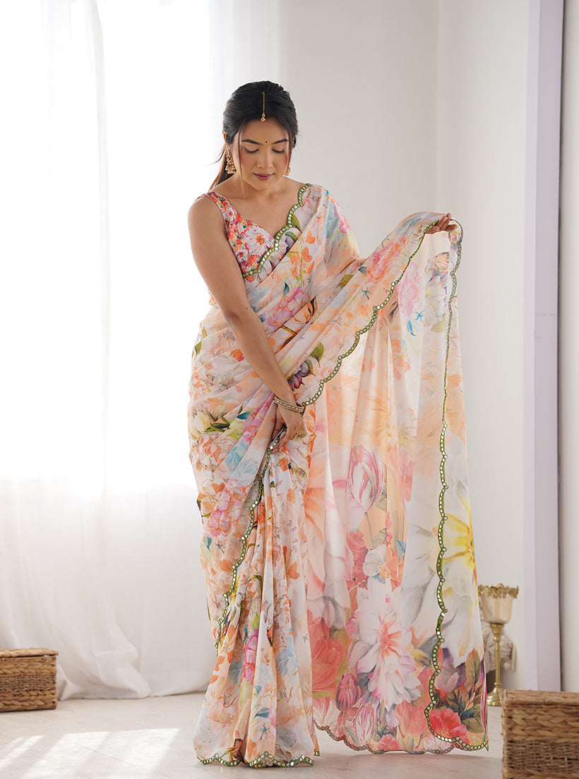 Monjolika Fashion Chinon Digital Print Classic Saree in Multi | Grocsy