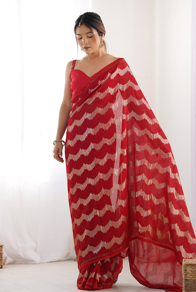 Monjolika Fashion Red Sequins Work Georgette Trendy Saree | Grocsy
