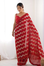 Monjolika Fashion Red Sequins Work Georgette Trendy Saree | Grocsy