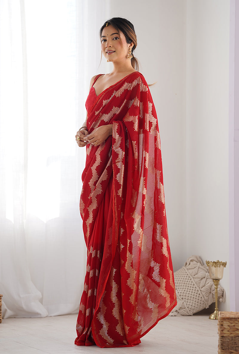 Monjolika Fashion Red Sequins Work Georgette Trendy Saree | Grocsy