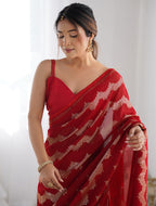 Monjolika Fashion Red Sequins Work Georgette Trendy Saree | Grocsy