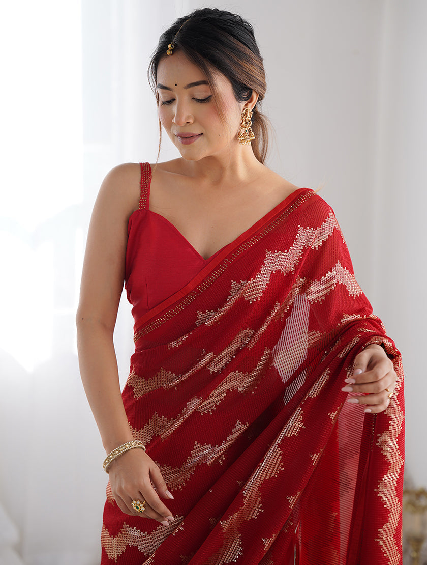 Monjolika Fashion Red Sequins Work Georgette Trendy Saree | Grocsy