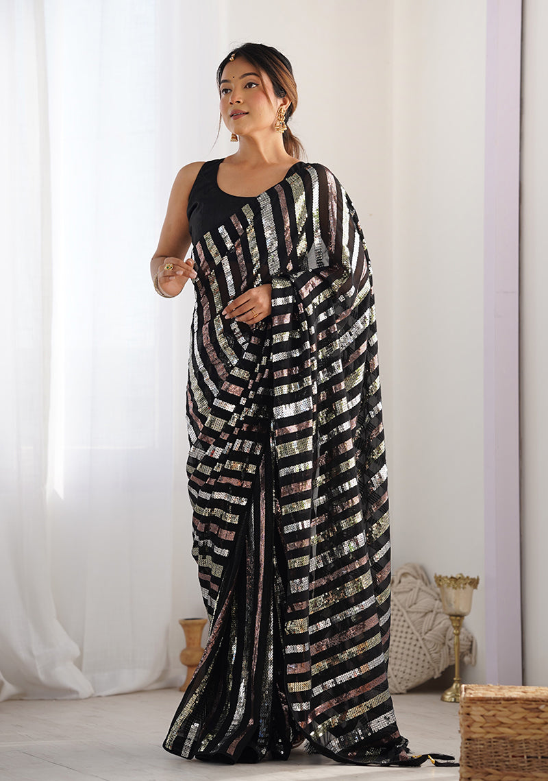 Monjolika Fashion Black Sequins Work Georgette Trendy Saree | Grocsy
