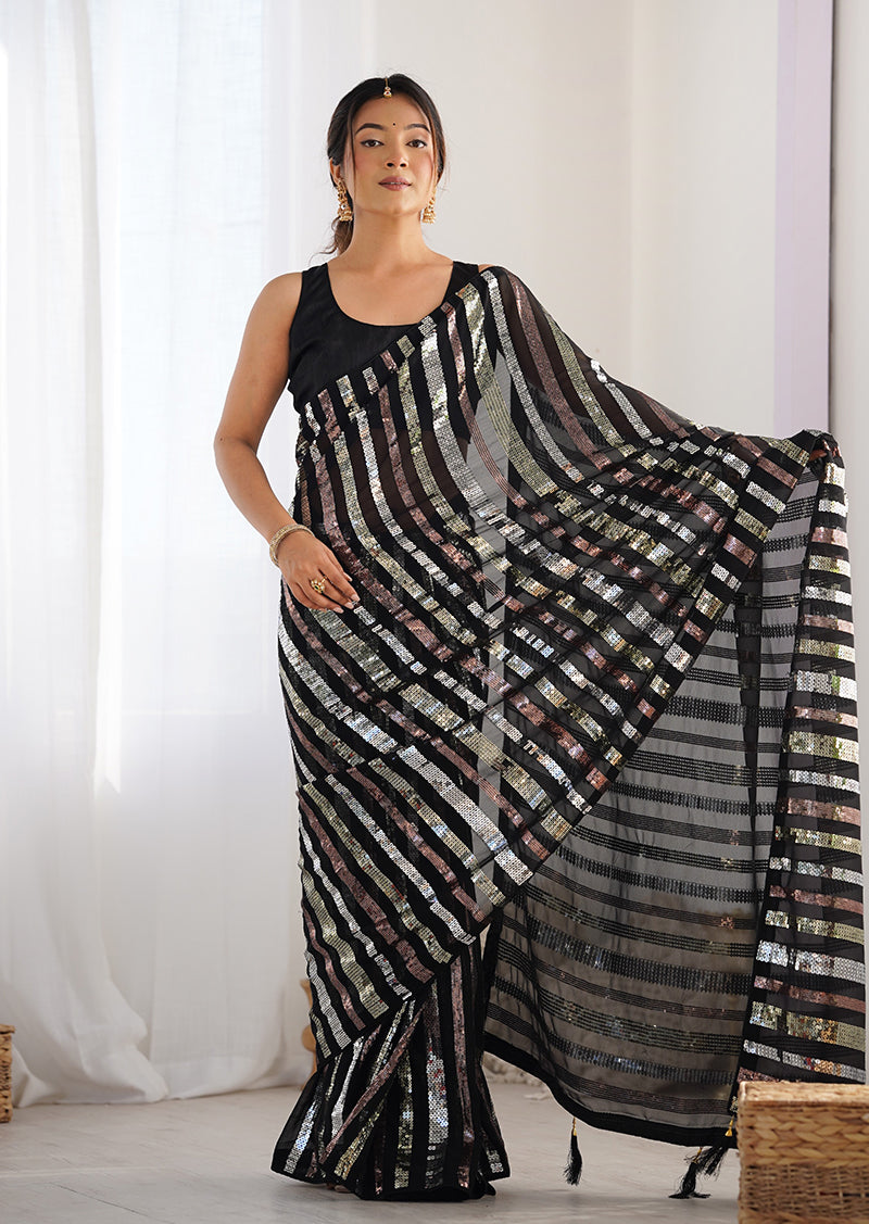 Monjolika Fashion Black Sequins Work Georgette Trendy Saree | Grocsy