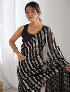 Monjolika Fashion Black Sequins Work Georgette Trendy Saree | Grocsy