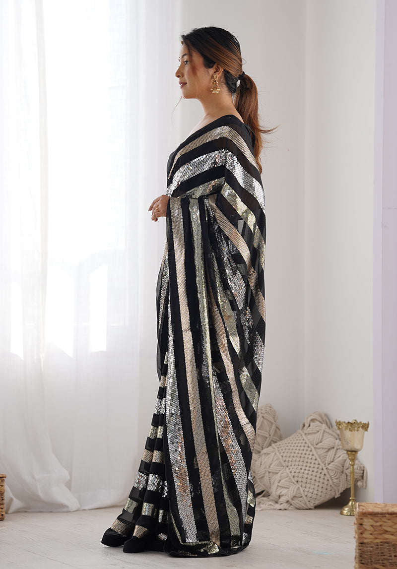 Monjolika Fashion Sequins Work Black Georgette Festival Party Wear Saree | Grocsy