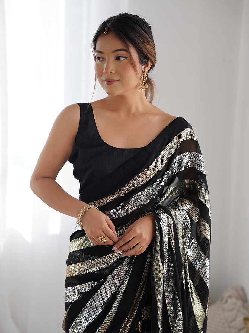 Monjolika Fashion Sequins Work Black Georgette Festival Party Wear Saree | Grocsy
