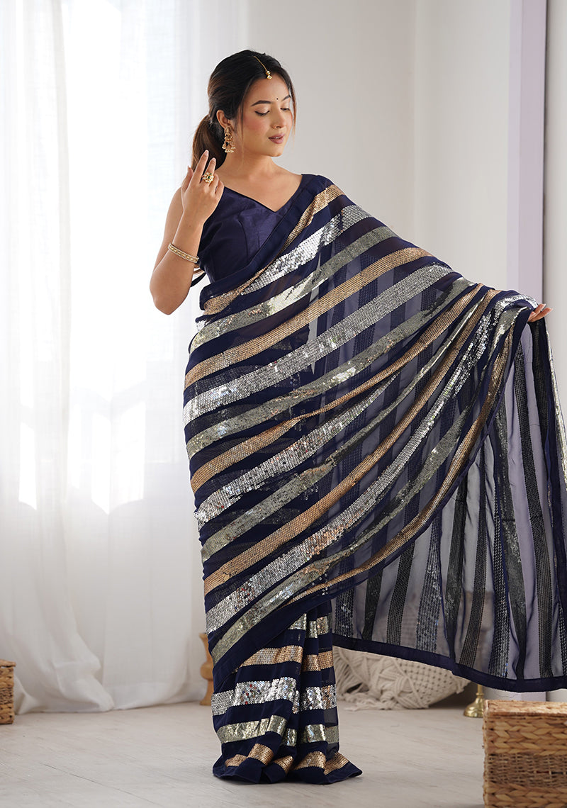 Monjolika Fashion Sequins Work Navy Blue Georgette Festival Party Wear Saree | Grocsy