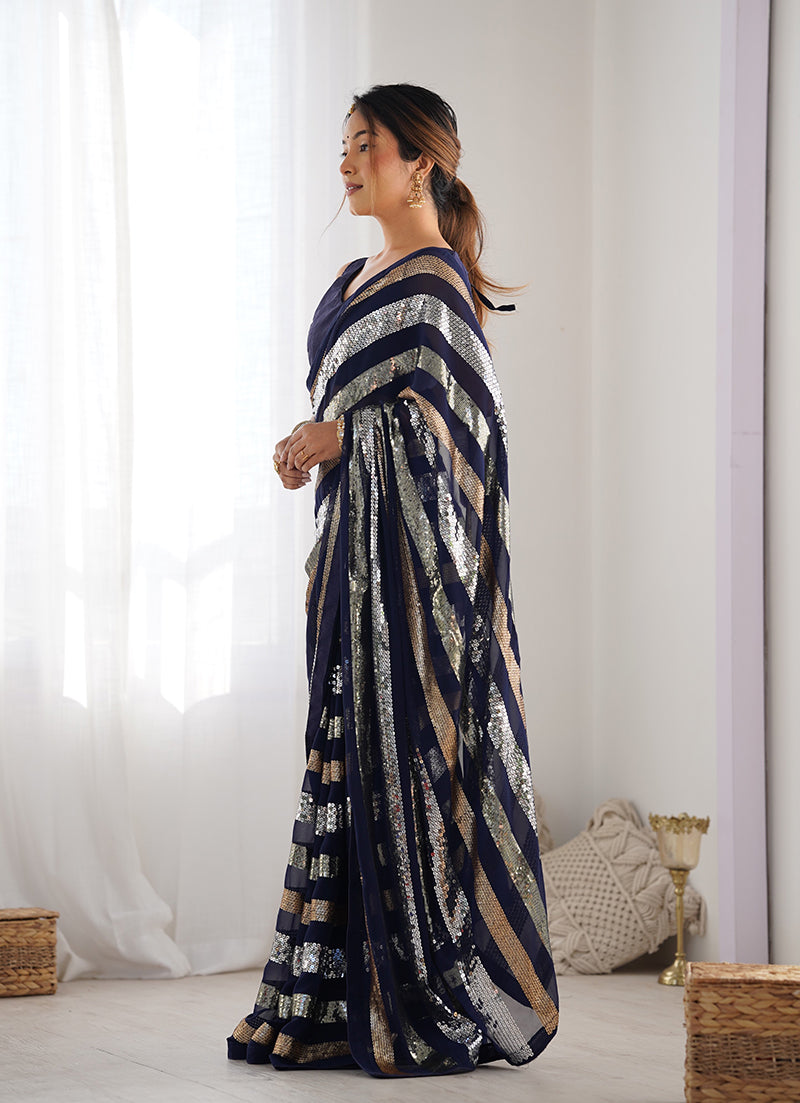 Monjolika Fashion Sequins Work Navy Blue Georgette Festival Party Wear Saree | Grocsy