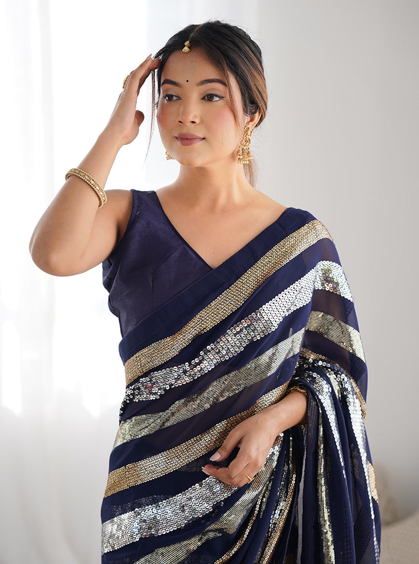 Monjolika Fashion Sequins Work Navy Blue Georgette Festival Party Wear Saree | Grocsy