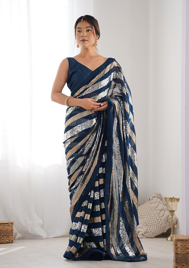 Monjolika Fashion Sequins Work Morpeach Georgette Festival Party Wear Saree | Grocsy