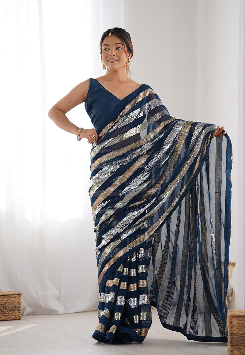 Monjolika Fashion Sequins Work Morpeach Georgette Festival Party Wear Saree | Grocsy