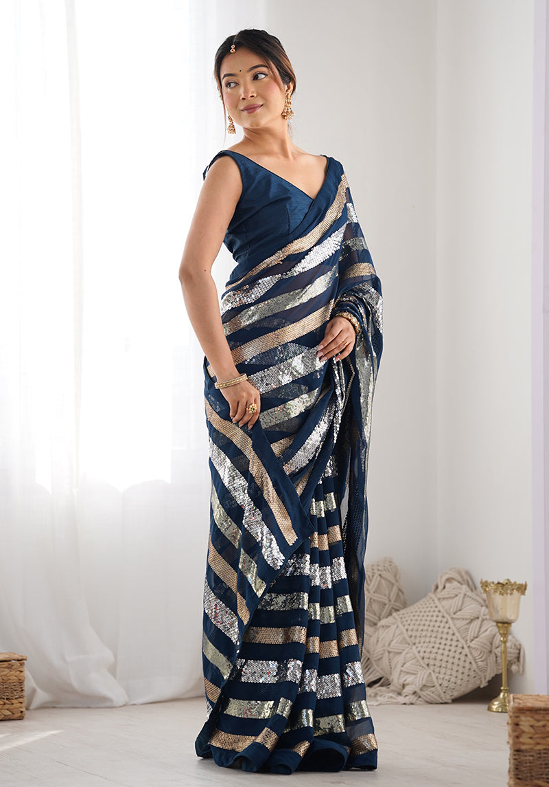 Monjolika Fashion Sequins Work Morpeach Georgette Festival Party Wear Saree | Grocsy