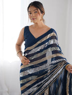 Monjolika Fashion Sequins Work Morpeach Georgette Festival Party Wear Saree | Grocsy