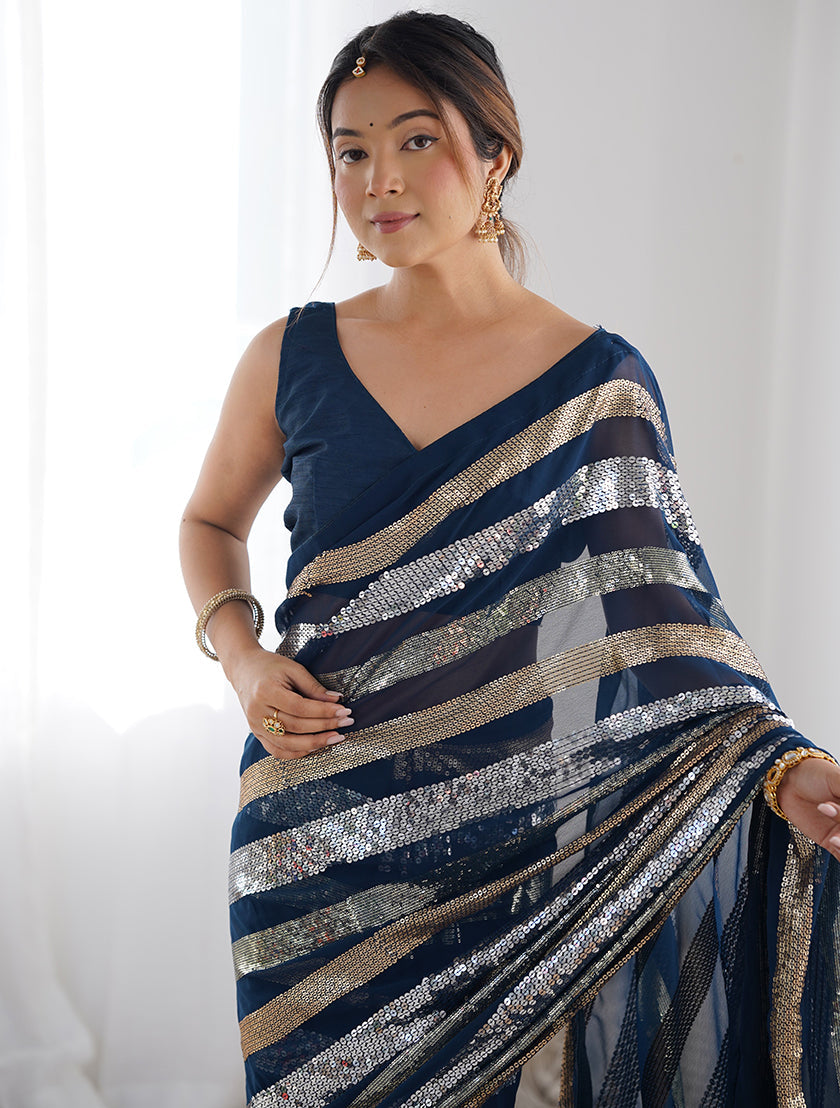 Monjolika Fashion Sequins Work Morpeach Georgette Festival Party Wear Saree | Grocsy